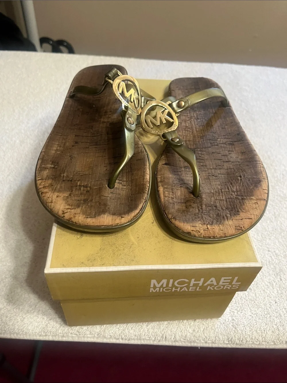Michael Kors Gold Metallic MK Cork-Style Thong Sandals